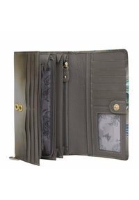 Grijze leren portemonnee met multiple kaartvakken, ritssluitingen en een bloemenpatroon interieur. Voorzien van gouden hardware en een drukknoopsluiting.