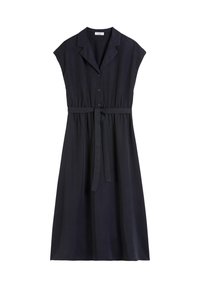 Marineblaues Kleid mit einem Kragen, kurzen Kapuffärmeln, Knopfleiste und einem Taillengürtel. Es besteht aus glattem Stoff und weist einen entspannten Schnitt sowie ein knielanges Design auf.