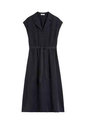 Navy jurk met een kraag, korte mouwen, knopen aan de voorkant en een tailleband. Gemaakt van gladde stof, heeft het een ontspannen pasvorm en een lengte tot de knie.