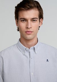 Ein hellblau-weiß gestreiftes Button-Down-Hemd, das auf der Brust mit einem kleinen Totenkopf und gekreuzten Knochen bestickt ist und aus einem glatten Stoff gefertigt ist.
