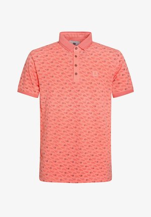 Lühikeste varrukatega polo-särk korallvärvi ja tekstuuriga mustriga. Omab kraed, kolmest nupust koosnevat nööpimist ja väikest bränditud päist rinnal.