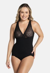 Schwarzer Einteiler-Badeanzug mit V-Ausschnitt, transparenten Mesh-Details an der Brust und bequemer, figurbetonter Stoffqualität.
