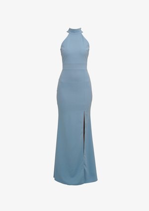 Hellblaues, ärmelloses Maxikleid mit hohem Ausschnitt und einer vorderen Schlitze, tailliert und aus glattem Stoff.