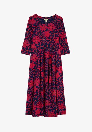 Langärmliges Kleid in Dunkelblau mit floralem Muster in Rot und Orange. Mit Rundhalsausschnitt und schwingendem Rock. Aus weichem Stoff gefertigt.
