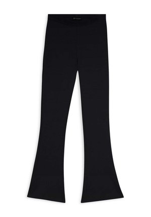 Leggings noires évasées avec une large taille, fabriqués en tissu extensible, présentant une texture lisse et une silhouette ajustée.