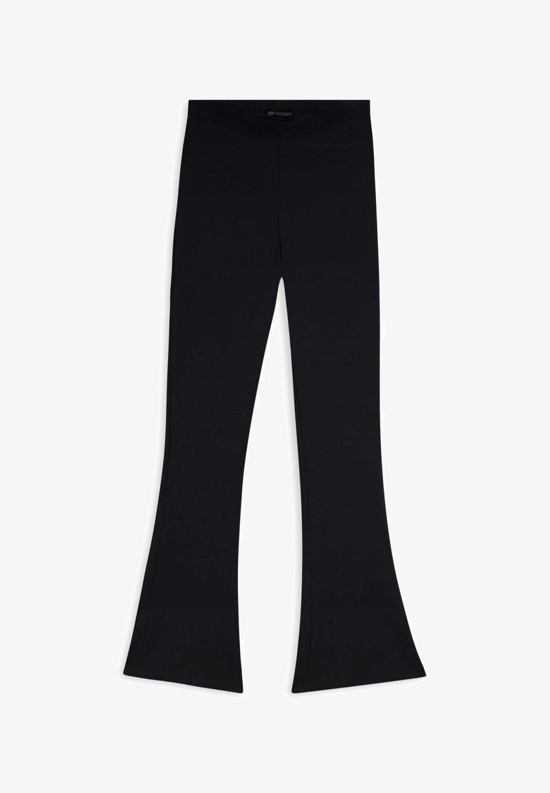 Leggings noires évasées avec une large taille, fabriqués en tissu extensible, présentant une texture lisse et une silhouette ajustée.