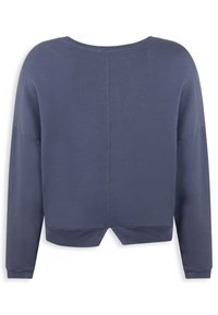 Tmavě modrá krátká mikina s kulatým výstřihem, dlouhými rukávy, žebrovaným lemem a spadlými rameny. Hladká textura a detailní střední zadní šev.