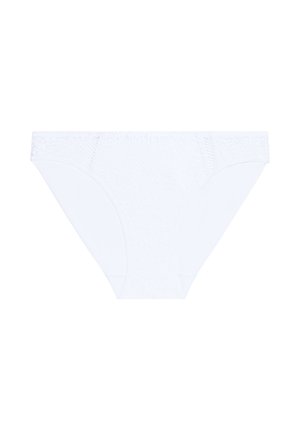 Valkoiset puuvillabriiffit, joissa on teksturoitu kukkakuosi, keskikorkealla vyötäröllä ja täydellä takapeitolla. Sujuva joustava vyötärönauha ja lahkeiden aukot.