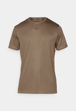 Brown sports t-shirt made of smooth, lightweight fabric. Short sleeves, round neck, subtle branding in darker shade on the chest.
