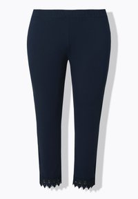 Marinblåankelång leggings i mjukt tyg, med en elastisk midja och spetsdetalj vid fållen.