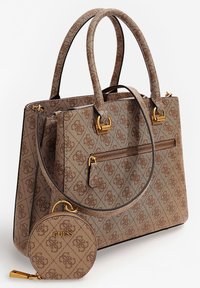 Brun mönstrad tote-väska med dubbla handtag och guldfärgade detaljer. Inkluderar en matchande rund myntplånbok, tillverkad av strukturerat material.