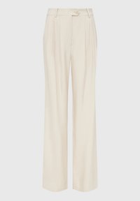 Beige bukser med en lige, vid ben-design, der har for-pleats, en enkelt knaplukning og en glat, vævet tekstur.