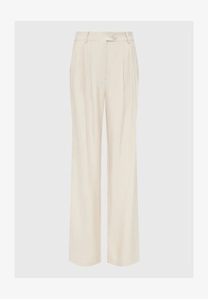 Pantalons beiges avec une coupe droite et large, dotés de plis avant, d'une fermeture à un bouton et d'une texture tissée lisse.