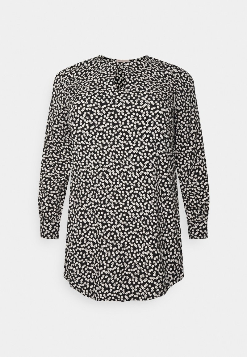 Svart långärmad blus med små vita blommor, rund halsringning och ett nyckelhålsknapppdetalj fram.