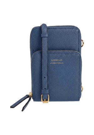 Petit sac bandoulière en cuir bleu avec poche avant, tirettes de fermeture éclair dorées, sangle réglable et logo embossé "Loxwood Le Cabas Parisien".