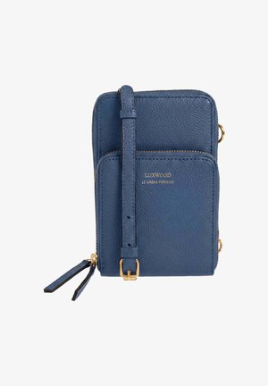 Petit sac bandoulière en cuir bleu avec poche avant, tirettes de fermeture éclair dorées, sangle réglable et logo embossé "Loxwood Le Cabas Parisien".