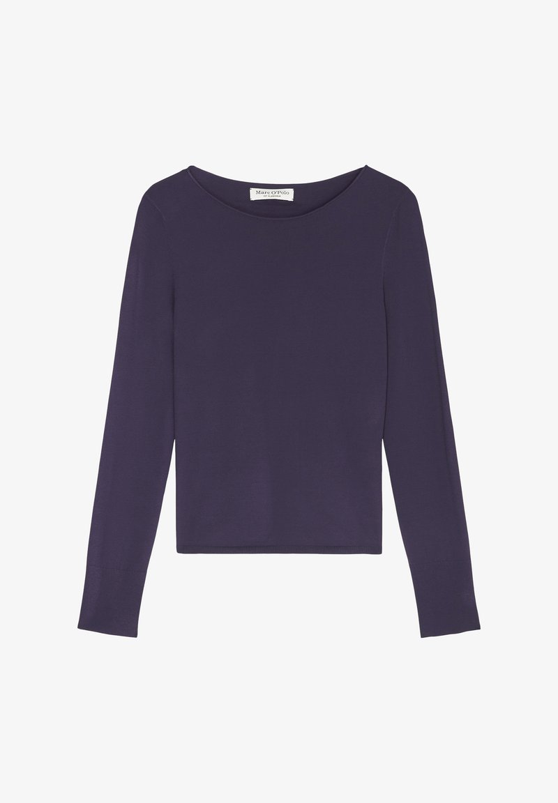 Chemise à manches longues couleur violet foncé avec col rond, en tissu lisse, dotée d'un ourlet droit et d'une étiquette de marque visible à l'intérieur de l'encolure.