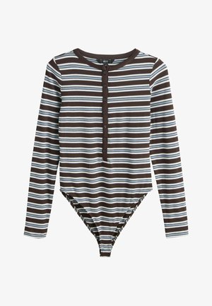 Langærmet ribbet bodysuit med rund hals, knaplukning foran og horisontale brune, hvide og lyseblå striber.