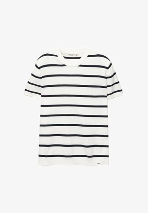T-shirt blanc à manches courtes avec des rayures horizontales bleu marine, un col rond et une étiquette en bas. Le tissu semble lisse et léger.