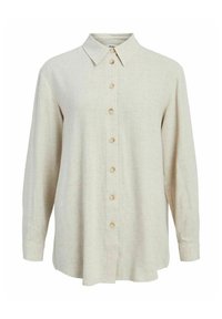 Chemise beige clair à manches longues, en lin, avec col, patte de boutonnage centrée ornée de boutons beiges, coupe légèrement décontractée, texture subtile.