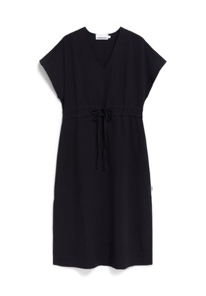 Robe noire avec un décolleté en V, de courtes manches à capuchon et une taille à cordon. Fabriquée en tissu léger, elle présente une silhouette décontractée.