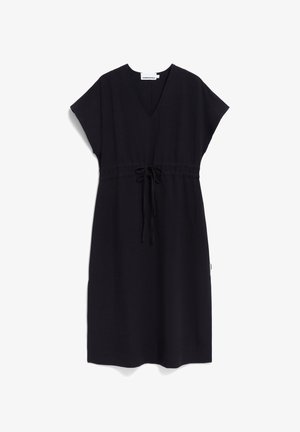 Robe noire avec un décolleté en V, de courtes manches à capuchon et une taille à cordon. Fabriquée en tissu léger, elle présente une silhouette décontractée.