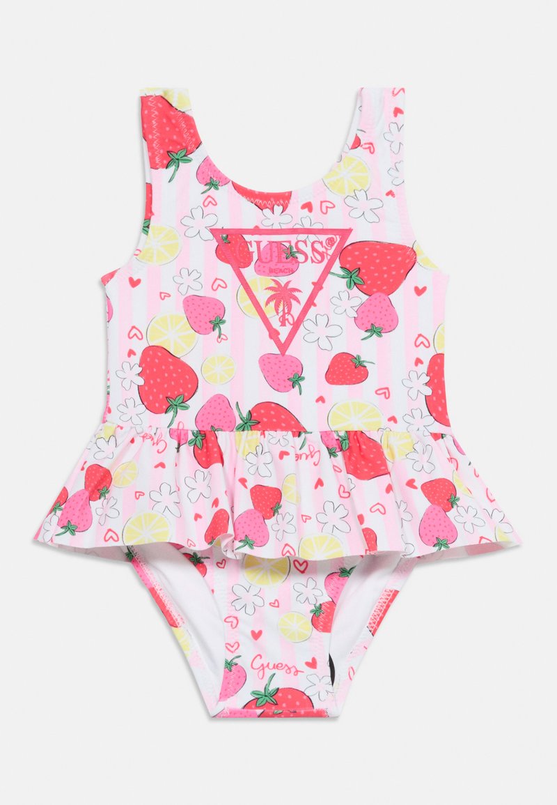 Παιδικό μαγιό χωρίς μανίκια με ροζ και λευκές ρίγες, στάμπα φράουλας και λεμονιού, φουσκωτή φούστα και λογότυπο Guess με σχέδιο φοίνικα.