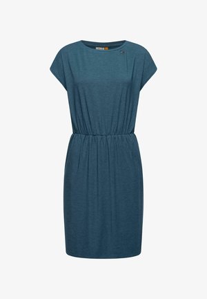 Türkises Kurzarmkleid mit elastischem Bund. Weicher Stoff, runder Ausschnitt und ein kleines dekoratives Emblem nahe dem Kragen. Einfaches Design.