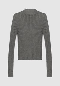 Gray ribbed sweater with a high neck and long sleeves, featuring a textured knit pattern and a fitted silhouette.