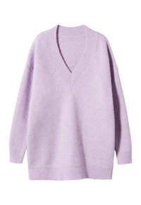 Pull à col en V lavande en tissu doux, doté de manches longues et de poignets et ourlet côtelés. Le design est décontracté et de forme oversized.