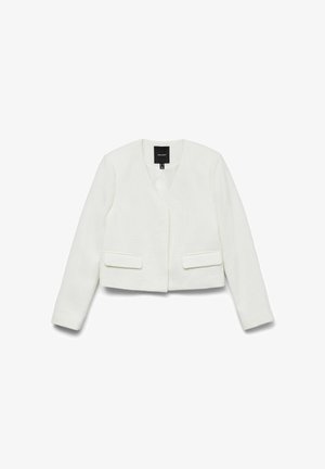 Vitt kort jacka med en texturerad yta, V-ringning och långa ärmar. Har två framfickor och inga knäppningar.