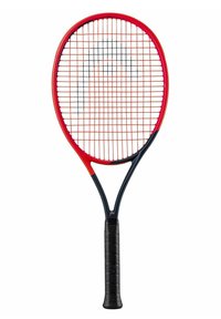 Rote und schwarze Tennisschläger mit strukturiertem Griff, ovalem Kopf und kreuzweise geflochtenem Saitenmuster. Auffälliges Markenlogo auf dem Rahmen und dem Griff.