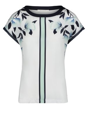 Short-sleeve blouse in a lightweight, smooth fabric. Features floral prints in blue and black, with a vertical mint green stripe at the center.
