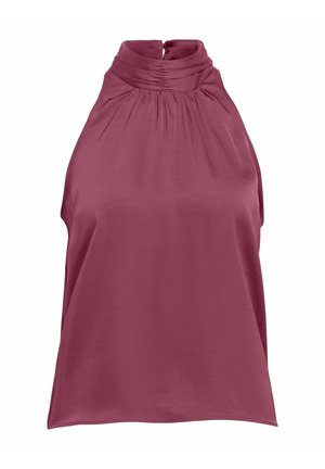 Sleeveless burgundy top with a high neck and gathered detailing. Smooth fabric with a loose fit, featuring a back keyhole opening.