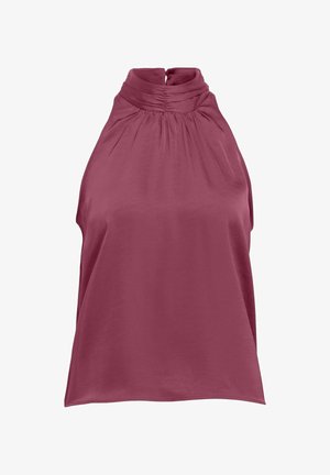 Sleeveless burgundy top with a high neck and gathered detailing. Smooth fabric with a loose fit, featuring a back keyhole opening.