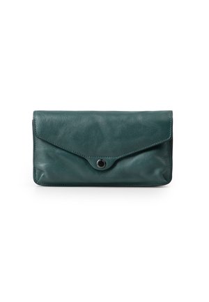 Teal leather clutch with an envelope design, featuring a snap closure and contrasting stitching along the edges. Smooth texture and rounded corners.