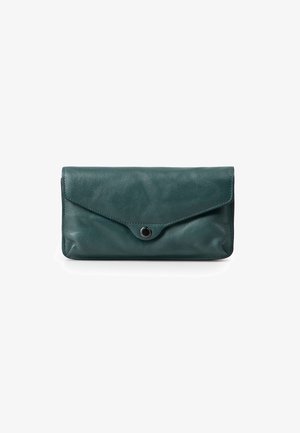 Teal leather clutch with an envelope design, featuring a snap closure and contrasting stitching along the edges. Smooth texture and rounded corners.