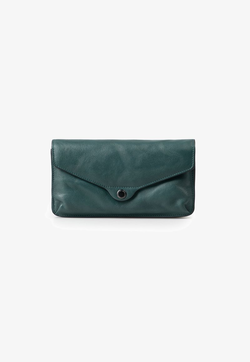 Teal leather clutch with an envelope design, featuring a snap closure and contrasting stitching along the edges. Smooth texture and rounded corners.