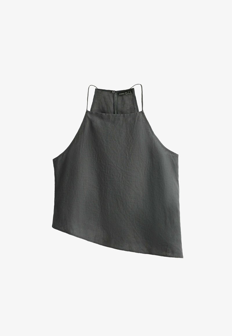 Haut asymétrique sans manches gris foncé avec fines bretelles et petite fermeture éclair dans le dos.