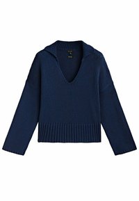 Navi blauer Strickpullover mit V-Ausschnitt, geripptem Saum und langen Ärmeln. Bietet eine entspannte Passform und strukturierte Stoffoberfläche.