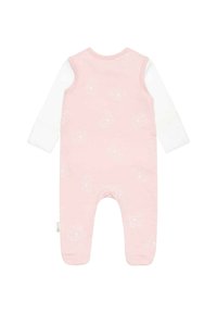 Rosa Baumwoll-Baby-Overall mit langen weißen Ärmeln, der ein durchgehendes Elefantenmuster aufweist. Rundhalsausschnitt und Druckknopfverschluss am Boden.