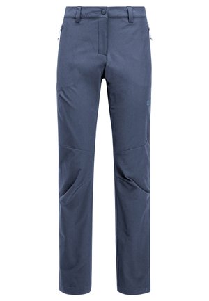 Navyfarbene Outdoor-Hosen aus strapazierfähigem Material, mit geradem Bein, Reißverschlusstaschen und verstärkten Kniefunktionen für zusätzliche Stabilität.