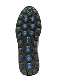 Suola di scarpa in gomma nera con un motivo di cerchi sporgenti e accenti blu. Include fori di ventilazione per una maggiore traspirabilità.
