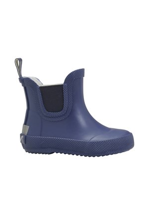 Marineblaue Gummistiefelette mit einer profilierten Sohle, elastischem seitlichen Einsatz und Zuglasche für einfaches Anziehen. Glatte Oberfläche mit robustem Design.