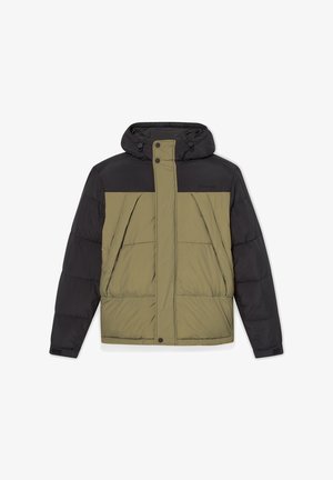 Puffer jacket in olive green and black. Features a zip and snap front, adjustable hood, and quilted texture with two front pockets.