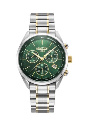 Montre en acier inoxydable argent et or avec un cadran vert, trois sous-cadrans, accents dorés, marquages tachymétriques et affichage de la date à 6 heures.