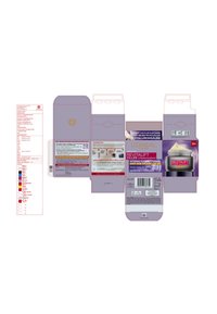 Lila Box-Design für die L'Oréal Revitalift Filler-Creme, mit einer Abbildung des Glases auf der Vorderseite sowie Produktdetails und Zutatenliste an den Seiten.