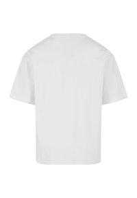 Balta medvilnė t-shirt su trumpomis rankovėmis, su apvaliu iškirpimu ir paprasta nugaros dizaino. Lygus paviršius, jokie matomi raštai ar akcentai.
