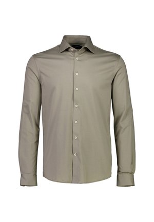 Camisa de manga larga en verde claro, fabricada con tela lisa, con cuello puntiagudo y seis botones a juego en la parte frontal.