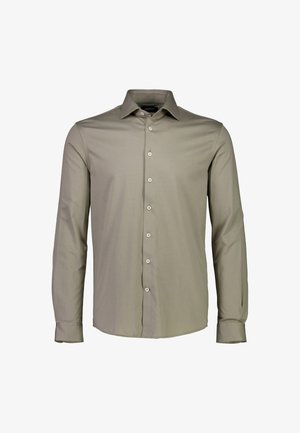 Camisa de manga larga en verde claro, fabricada con tela lisa, con cuello puntiagudo y seis botones a juego en la parte frontal.